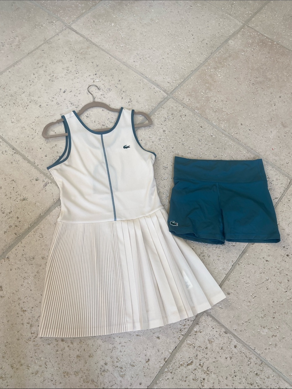 Lacoste cream Pleated Tennis Dress with Teal Trim and Teal Shorts